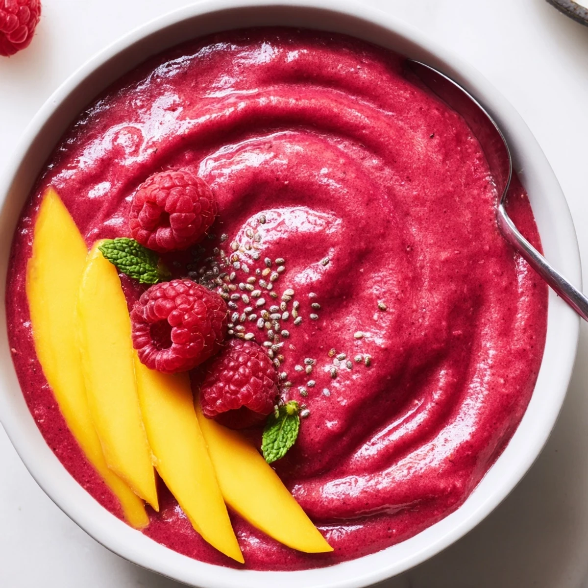 Vibrant Raspberry Mango Smoothie in clear jar, bright pink color, chia sprinkle