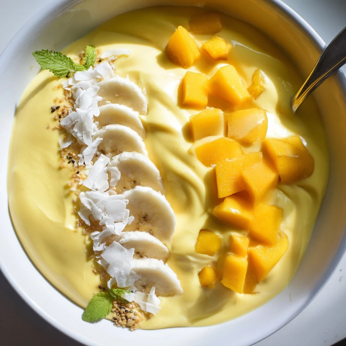 Iced Mango Lassi Smoothie Bowl topped with diced mango, granola, chilled and creamy