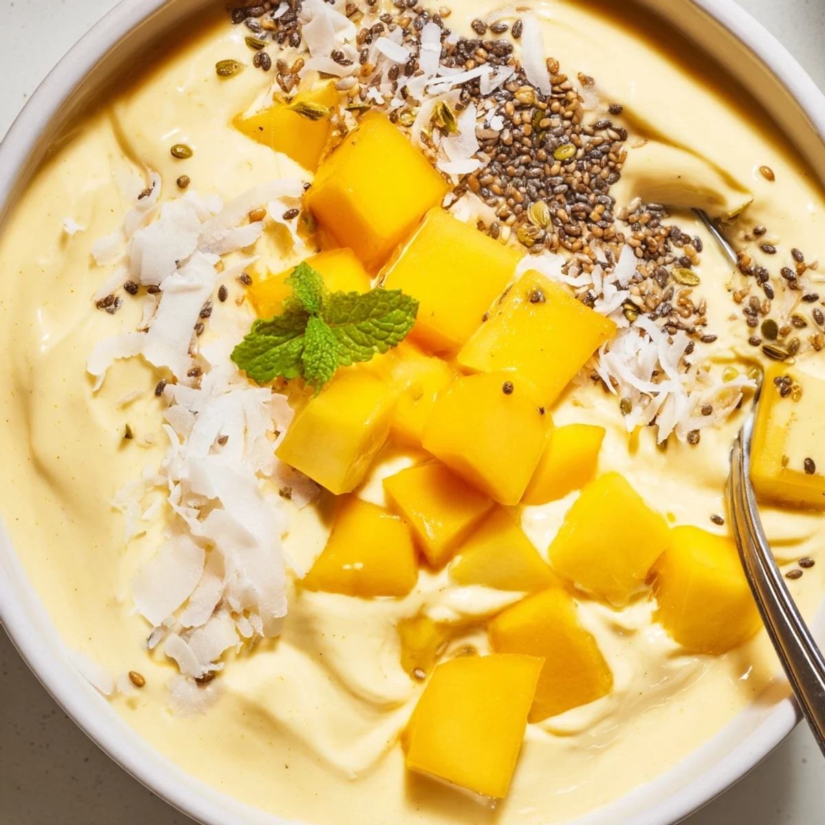 Aromatic cardamom spiced Iced Mango Lassi Smoothie Bowl garnished with fresh mint