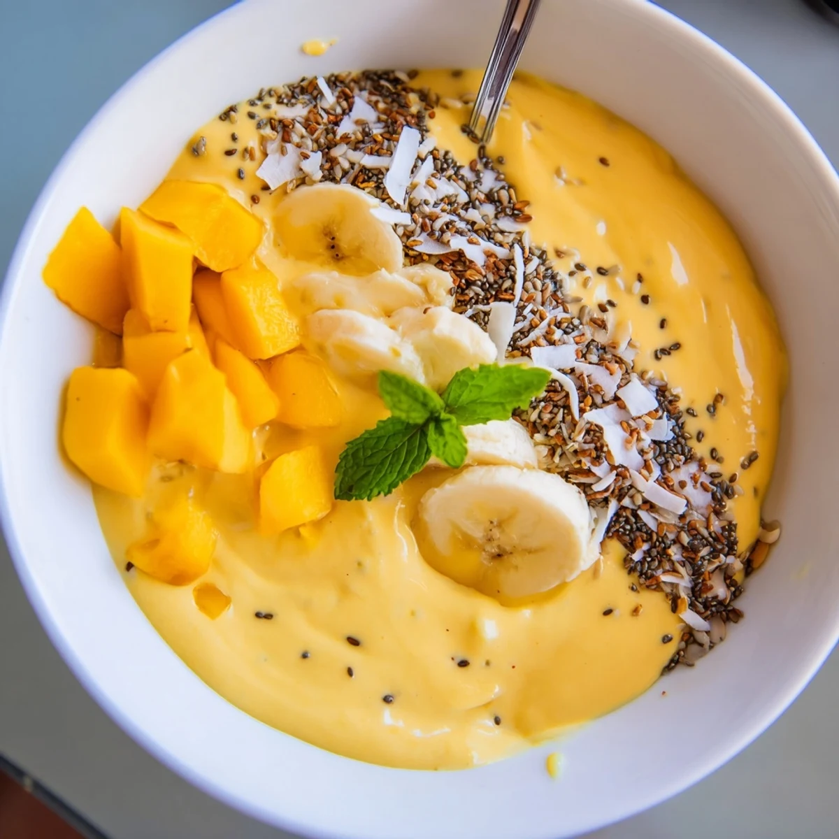 Refreshing Iced Mango Lassi Smoothie Bowl served with banana slices, chilled and bright