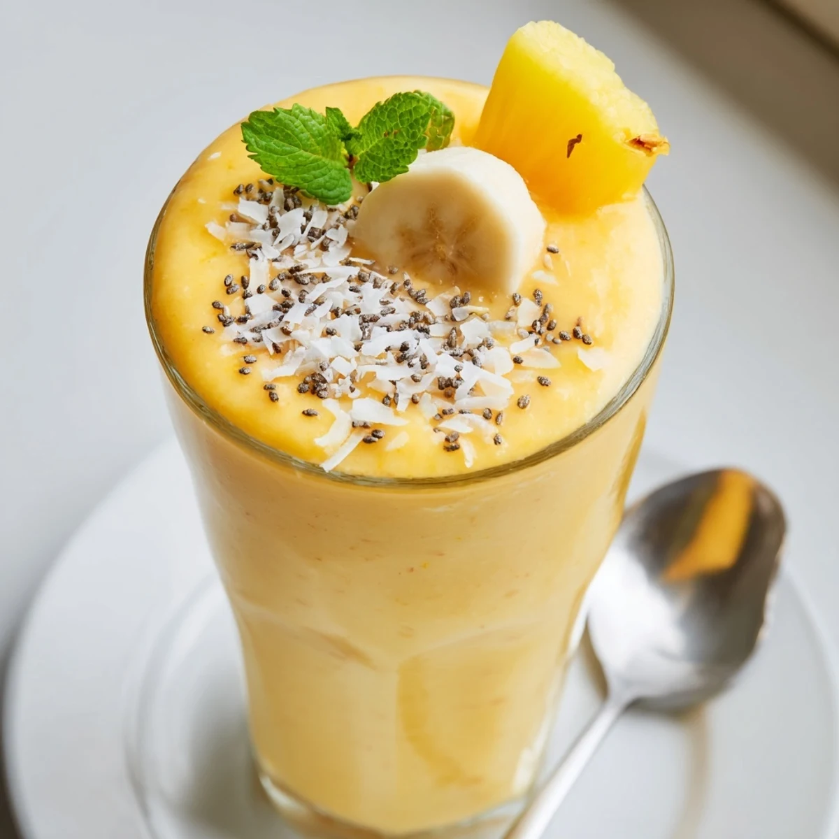Pineapple Orange Smoothie in glass, frothy, bright yellow, garnished with mint