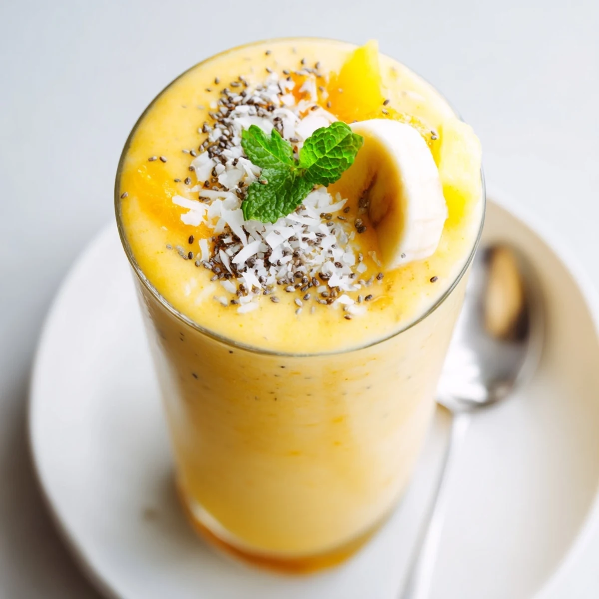 Pineapple Orange Smoothie poured into jar, icy, tropical, ready for breakfast