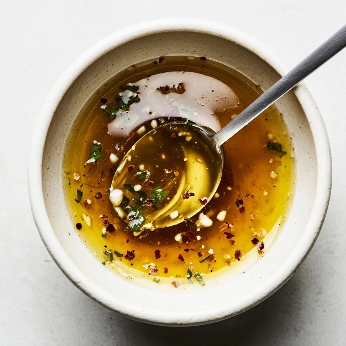 Bright Italian Vinaigrette in jar, fresh herbs and garlic visible