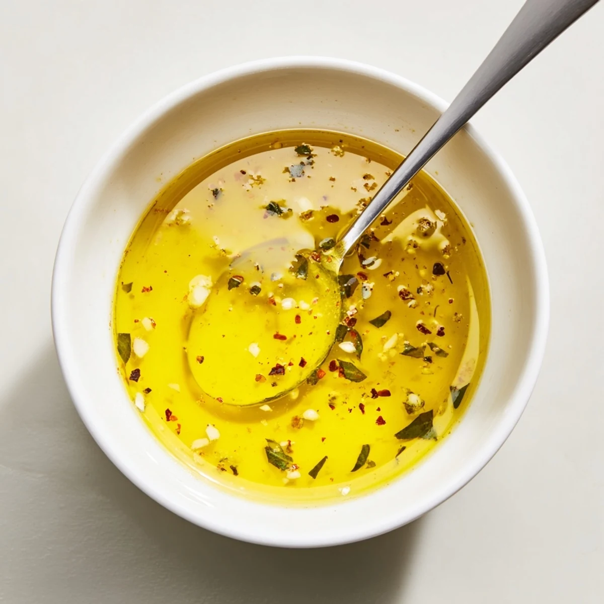 Homemade Italian Vinaigrette emulsified in jar, olive oil shimmer, perfect for salads