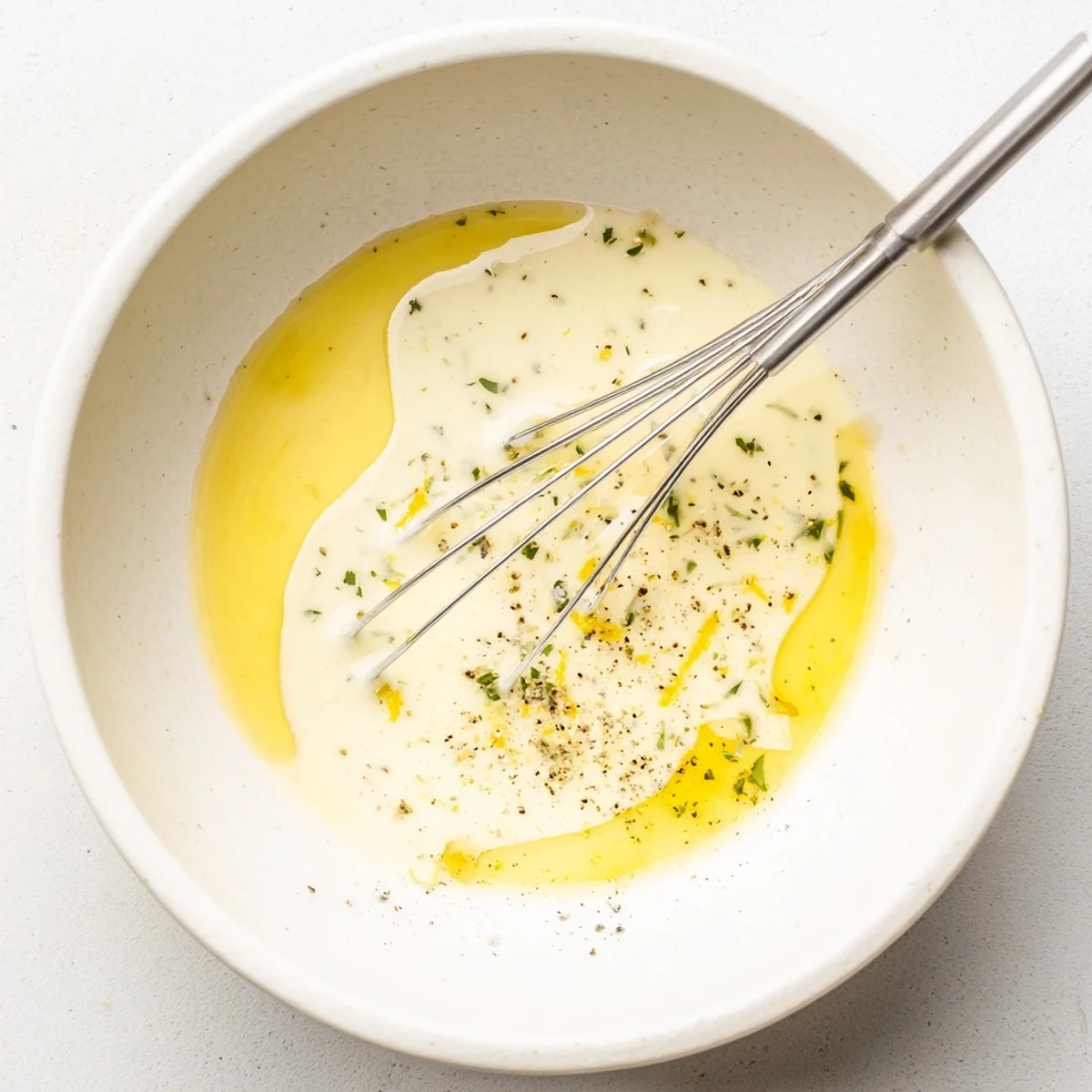 Creamy Ina Garten Lemon Vinaigrette recipe whisked in bowl, olive oil sheen