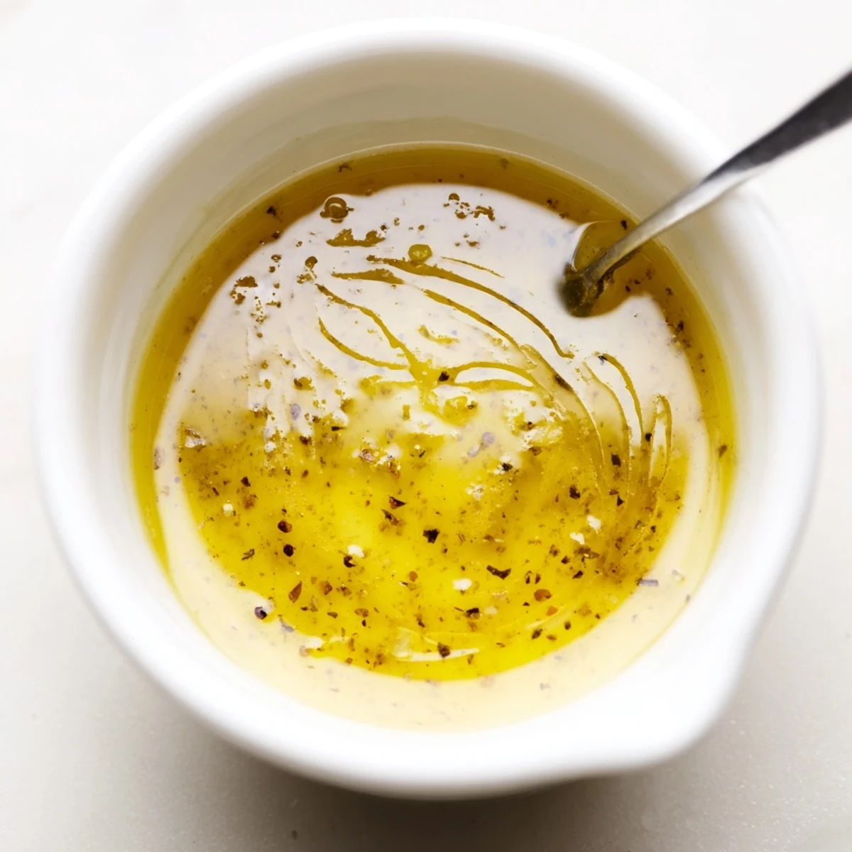 Quick Dijon Vinaigrette Recipe whisked in bowl, glossy emulsion ready for salads
