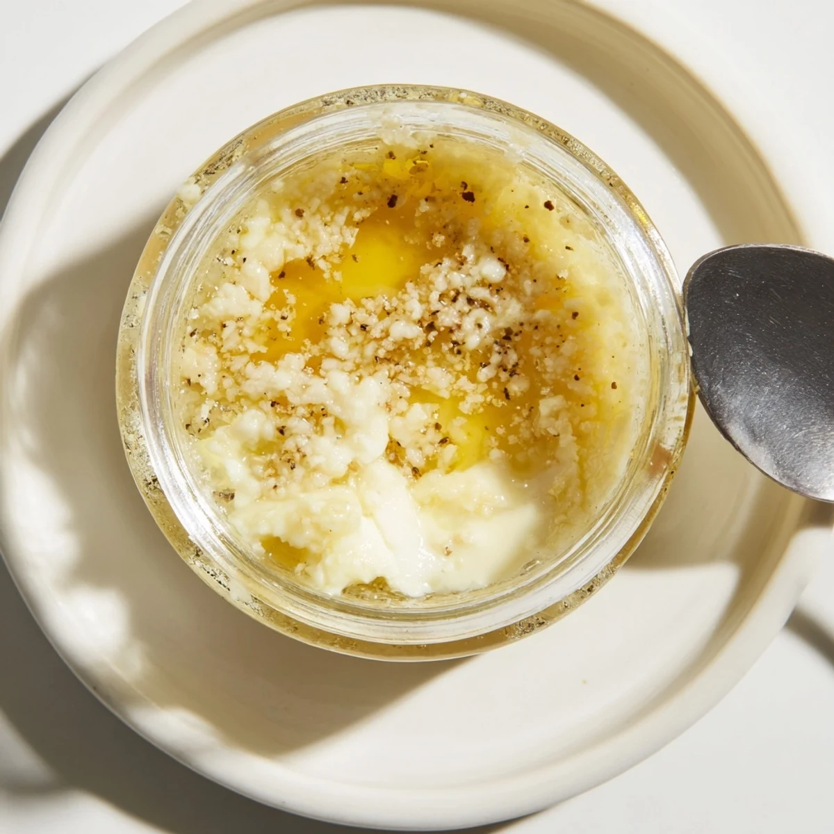 Homemade Parmesan Vinaigrette Recipe in glass jar, velvety texture, garlic aroma.