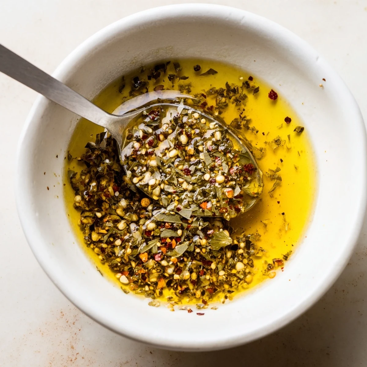Bright Italian Vinaigrette glistening in jar, herbed aroma, ready for salad