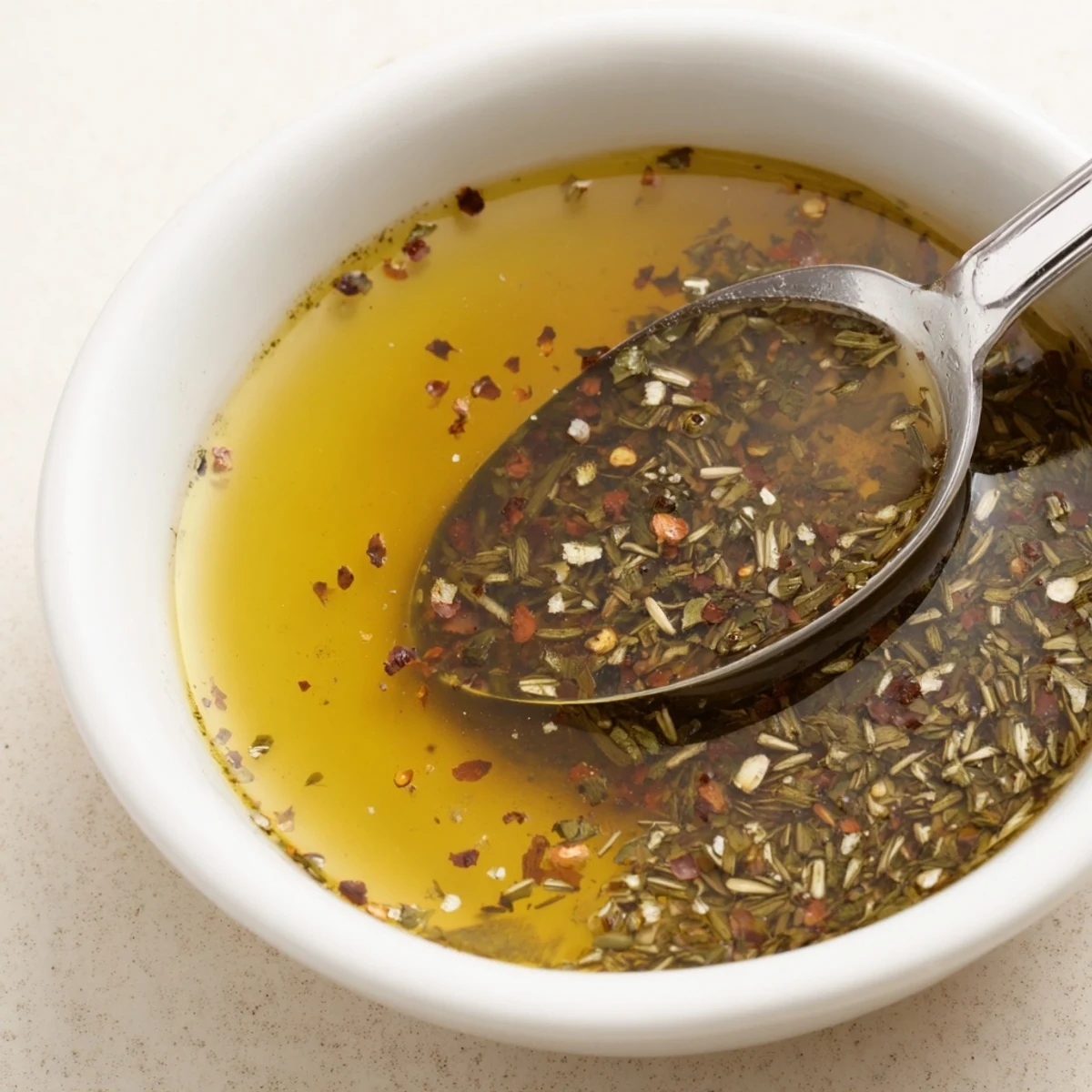 Small jar of Italian Vinaigrette beside grilled vegetables, olive oil sheen