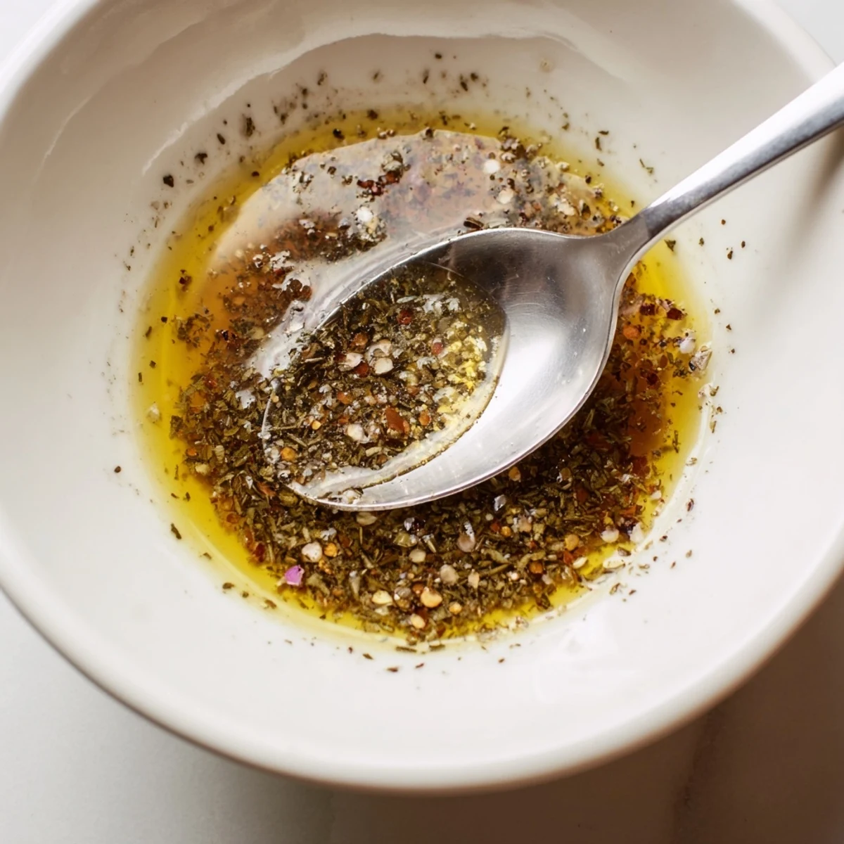Whisked Italian Vinaigrette pooling on greens, tangy, garlicky, lemon-kissed
