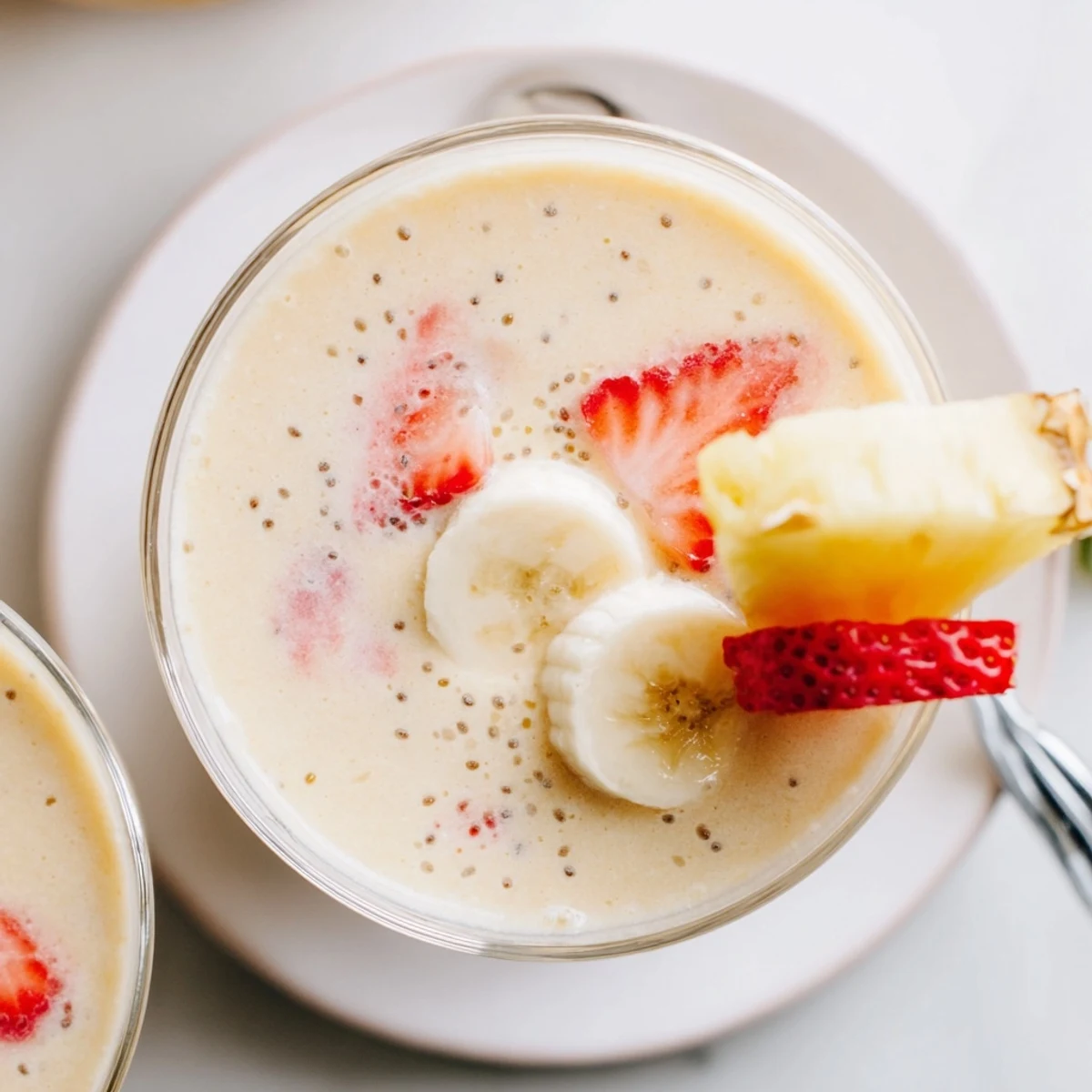 Thick, creamy Banana Strawberry Pineapple Smoothie served chilled with lime zest