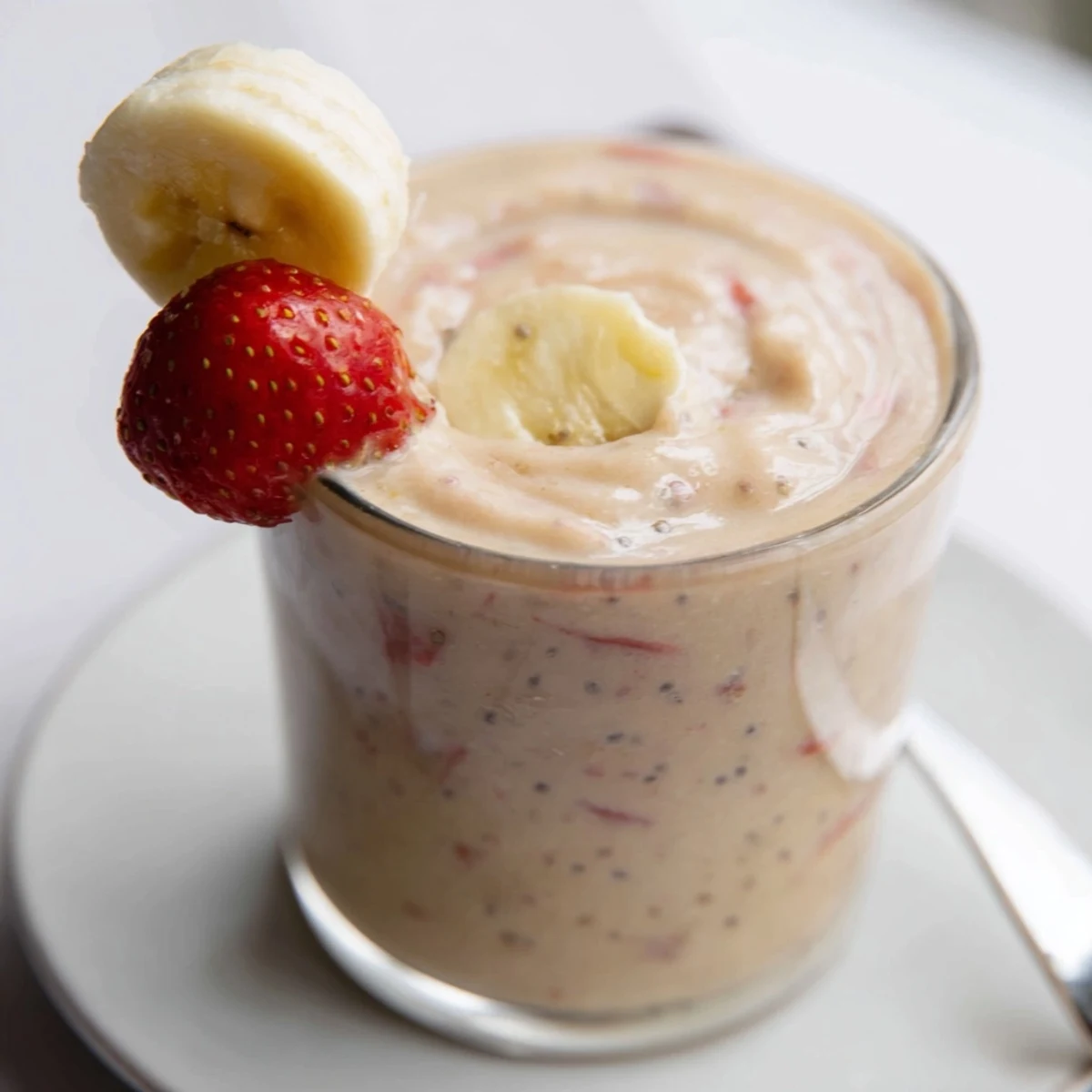 Cold Banana Strawberry Pineapple Smoothie topped with chia seeds and pineapple wedge