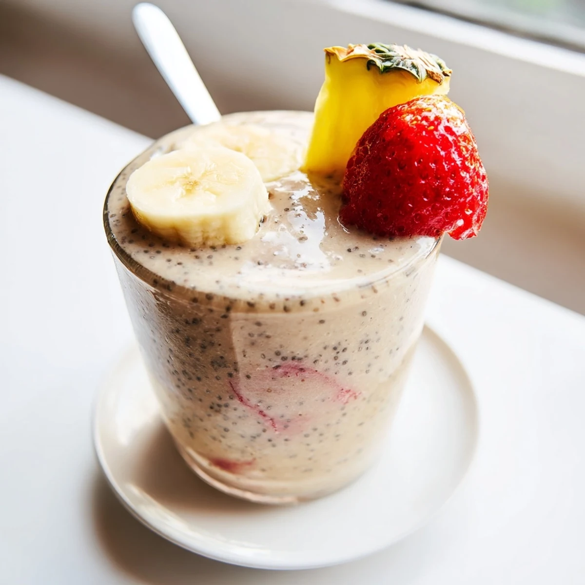 Bright, tropical Banana Strawberry Pineapple Smoothie poured into tall glass with straw