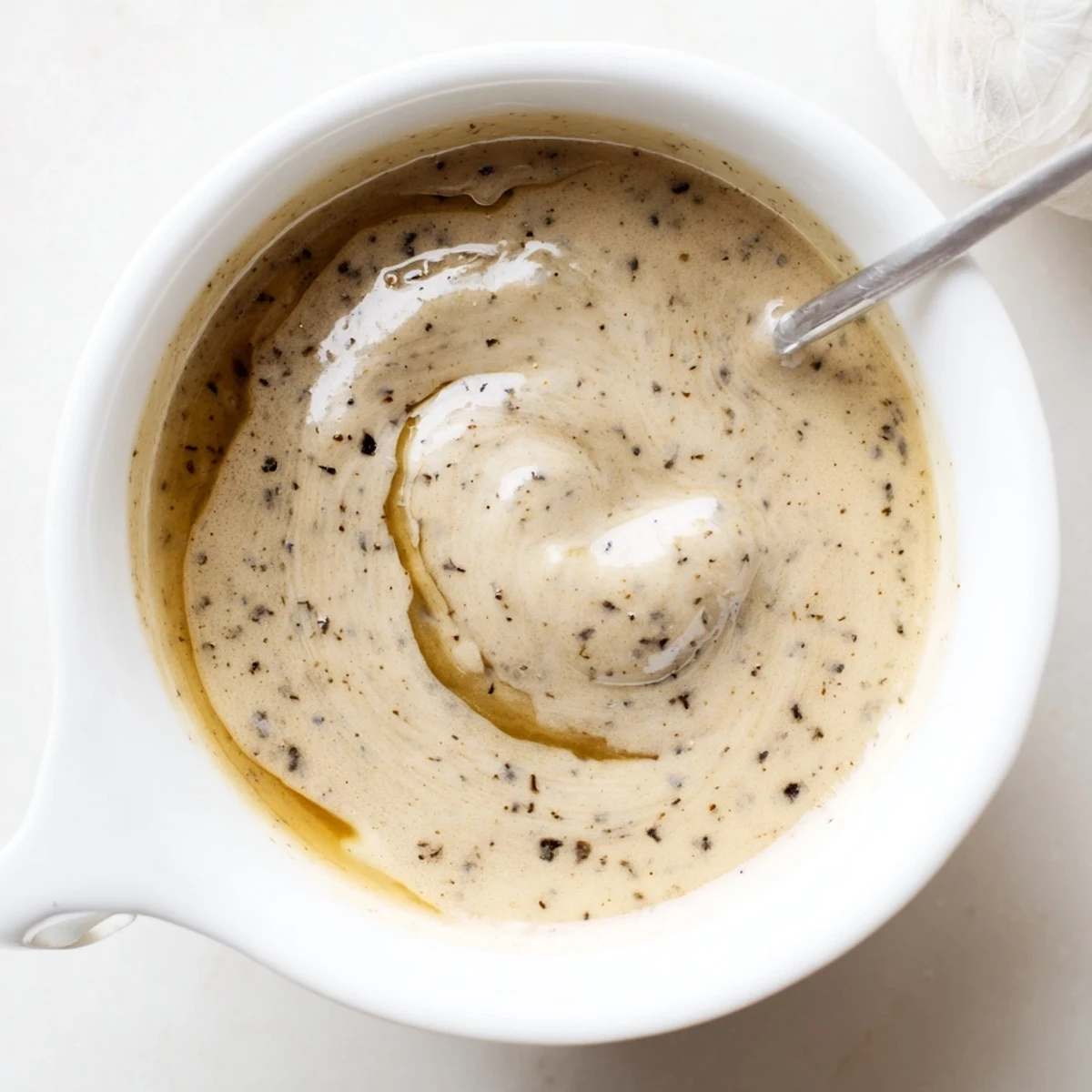 Homemade Creamy Balsamic Vinaigrette drizzled over mixed greens with flecks of garlic
