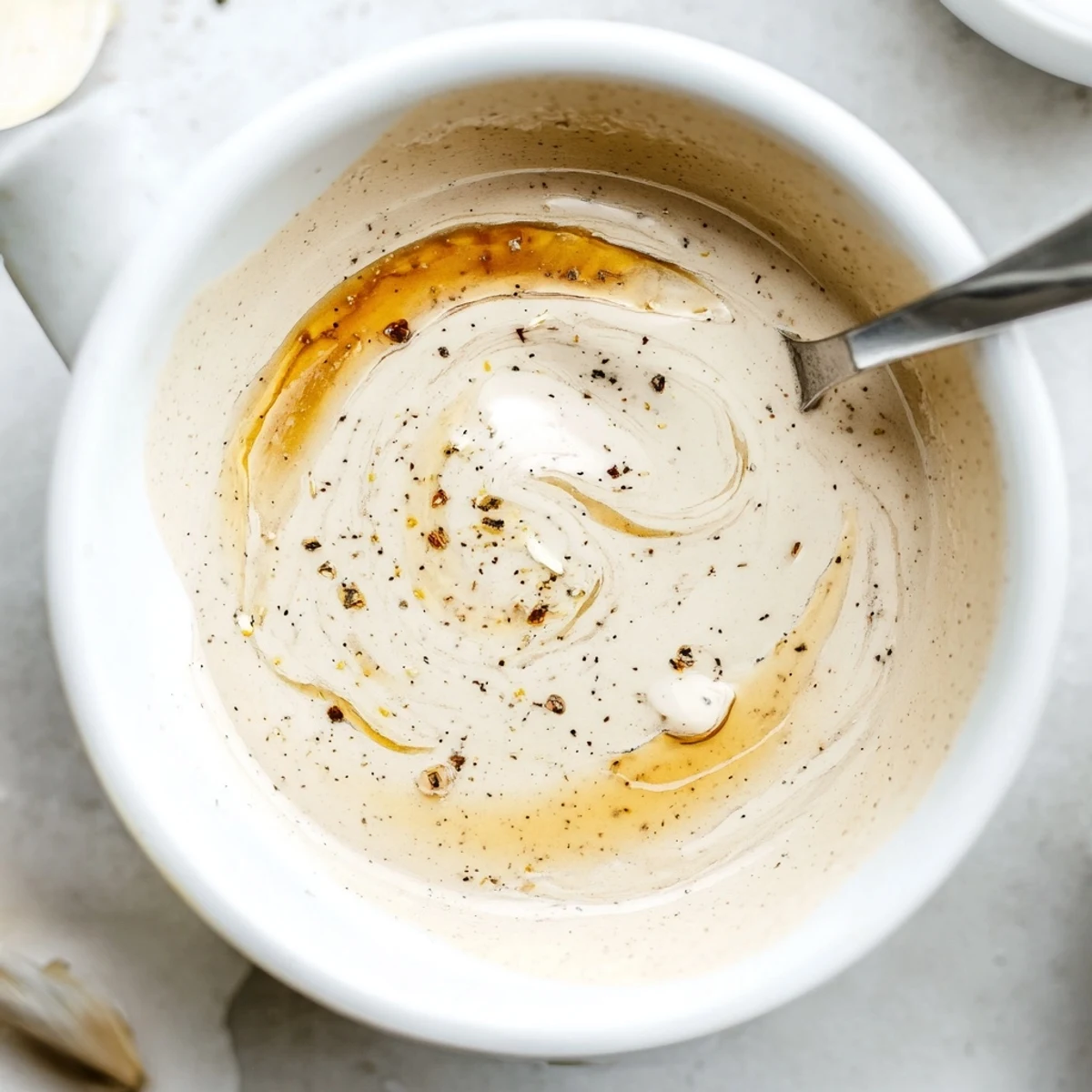 Tangy Creamy Balsamic Vinaigrette emulsified smooth, suggested as dip for vegetables