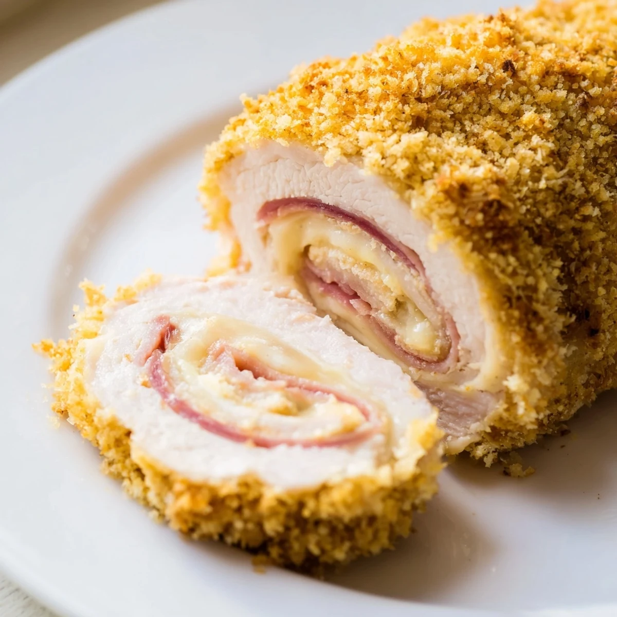 Golden crispy chicken cordon bleu delight with melted Swiss cheese and savory ham on white plate