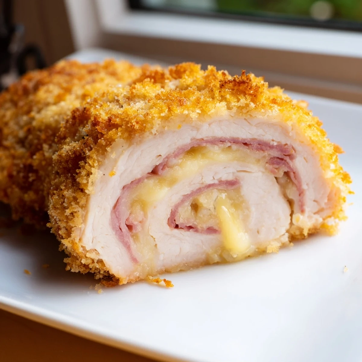 Sliced chicken cordon bleu delight revealing oozing cheese and ham center with golden panko crust