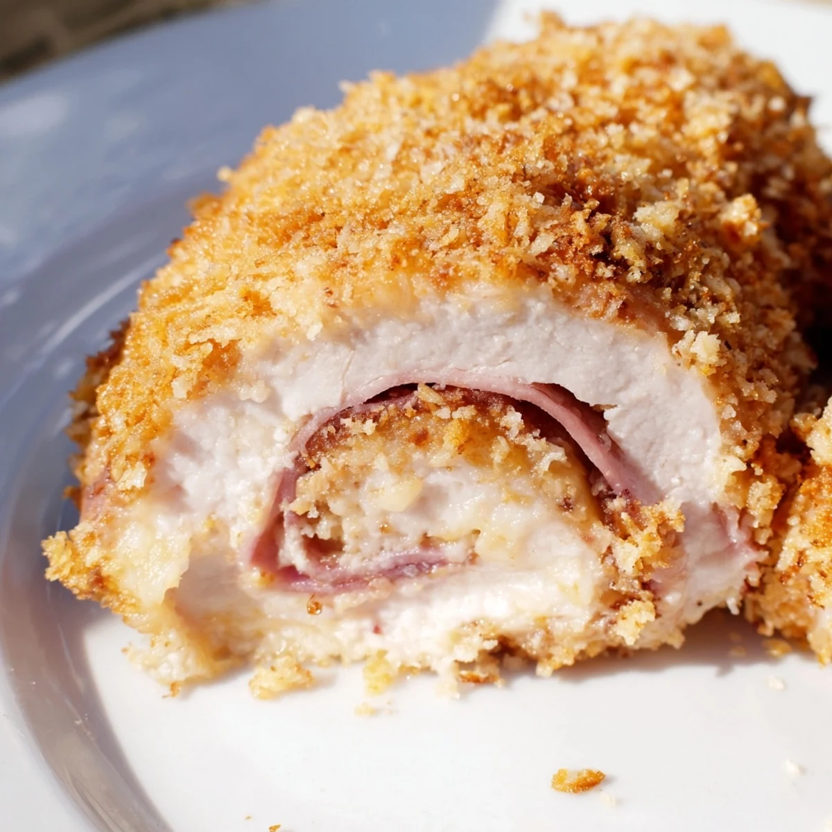 Pan-fried chicken cordon bleu delight rolls served hot with garnish on rustic wooden table