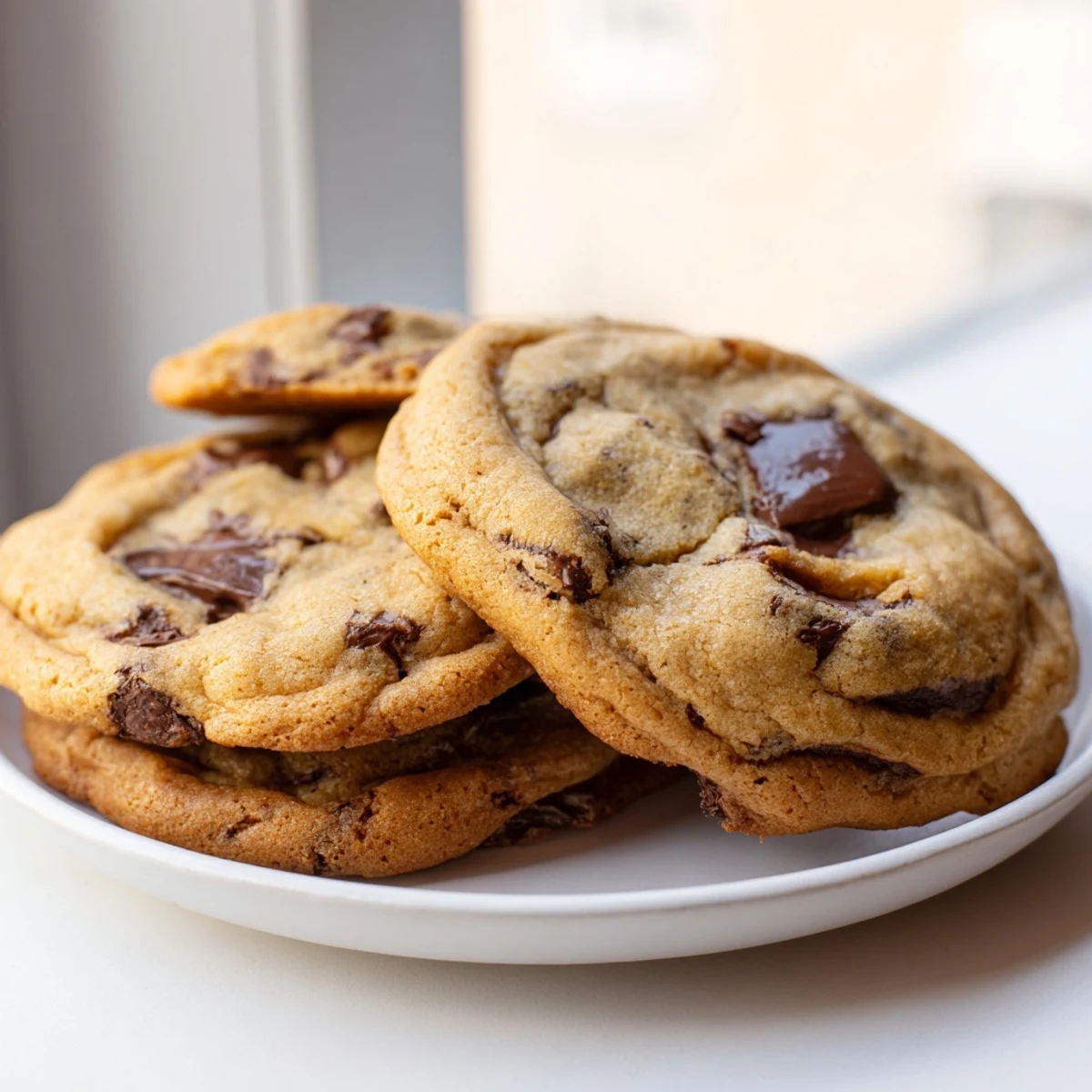 Golden chewy chocolate chip cookies fresh from the oven with melted chocolate chunks
