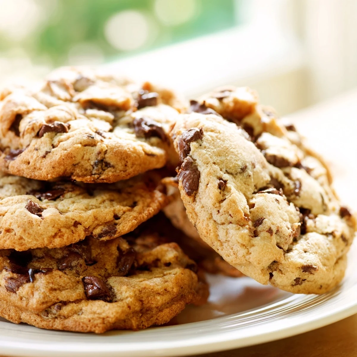 Warm chewy chocolate chip cookies with gooey centers on a rustic wooden board