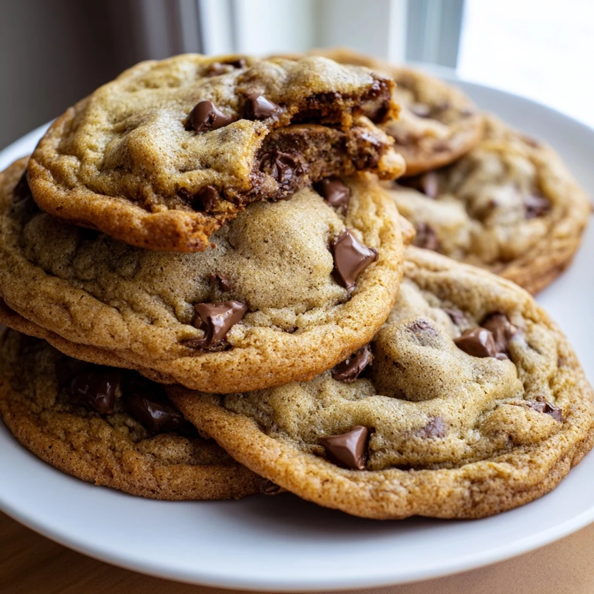 Soft chewy chocolate chip cookies stacked on a white wire cooling rack