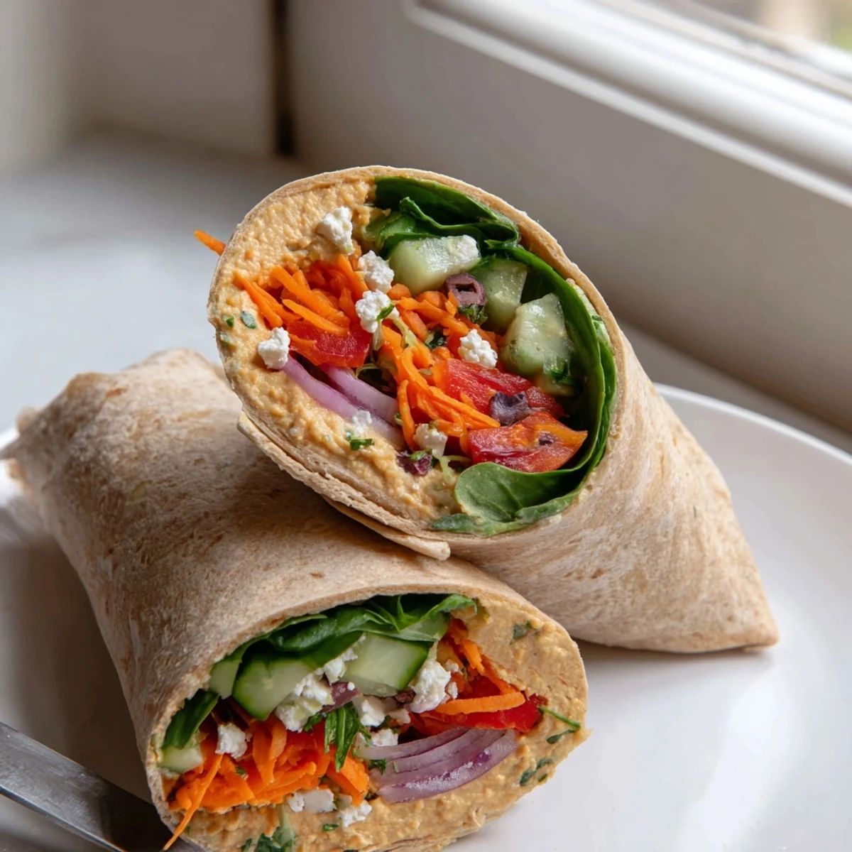 Golden whole wheat wrap filled with creamy hummus and colorful crisp sliced vegetables