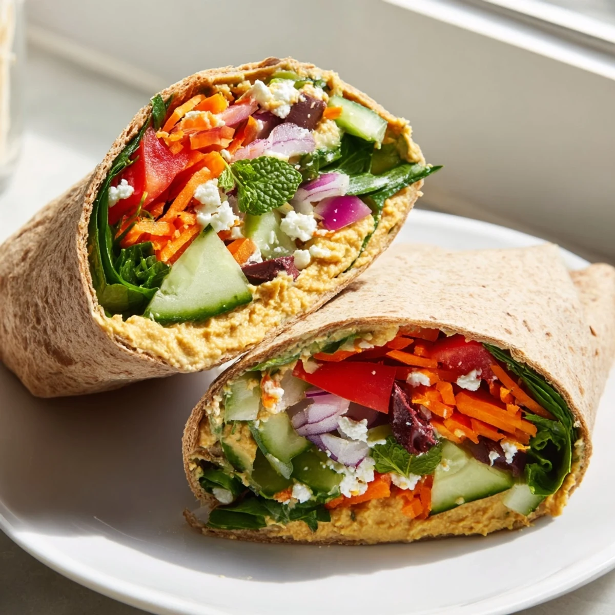 Wholesome lunch wrap featuring smooth hummus layered with crunchy vegetables and fresh herbs
