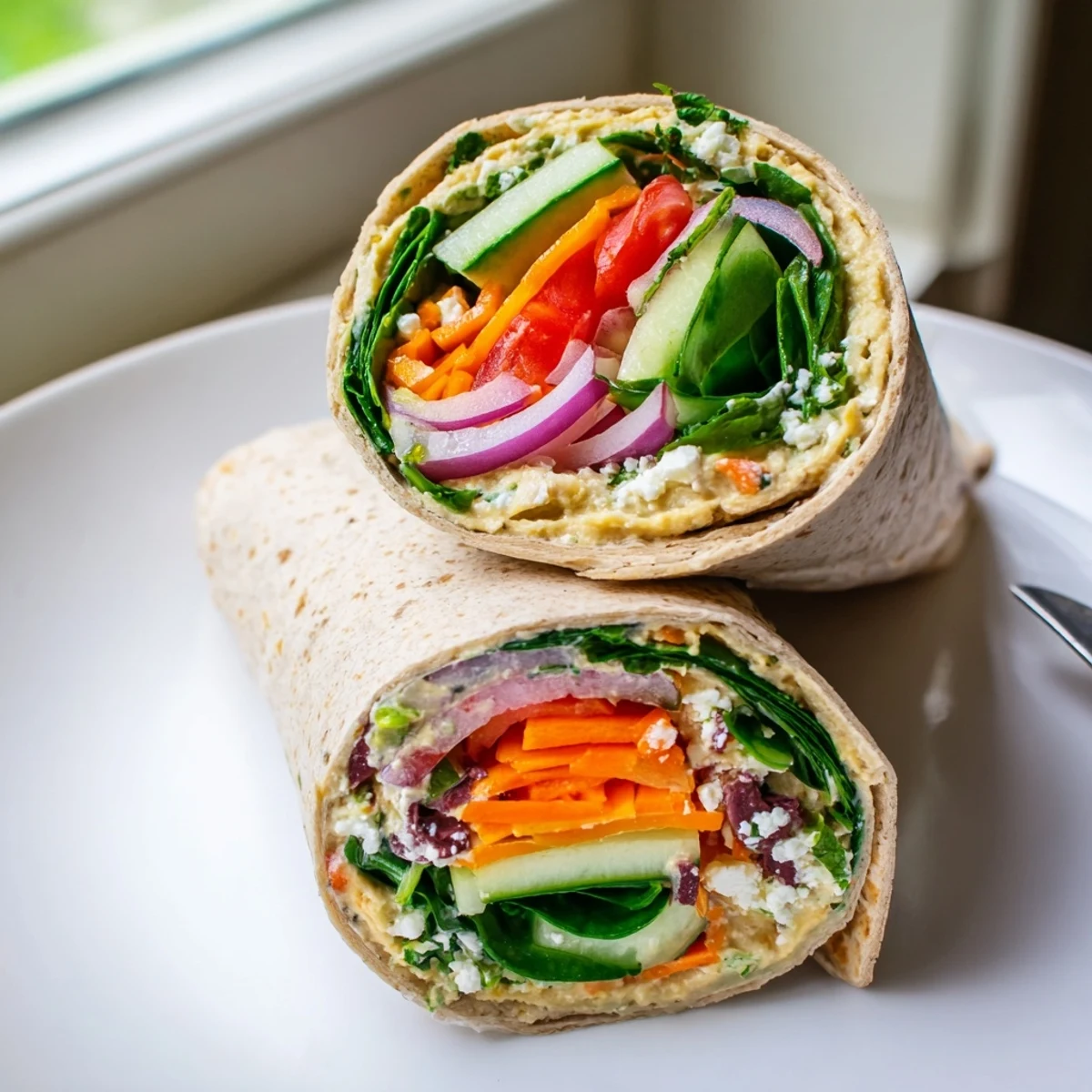 Fresh Mediterranean Heavenly Hummus Wrap rolled with spinach carrots cucumber bell pepper tomatoes
