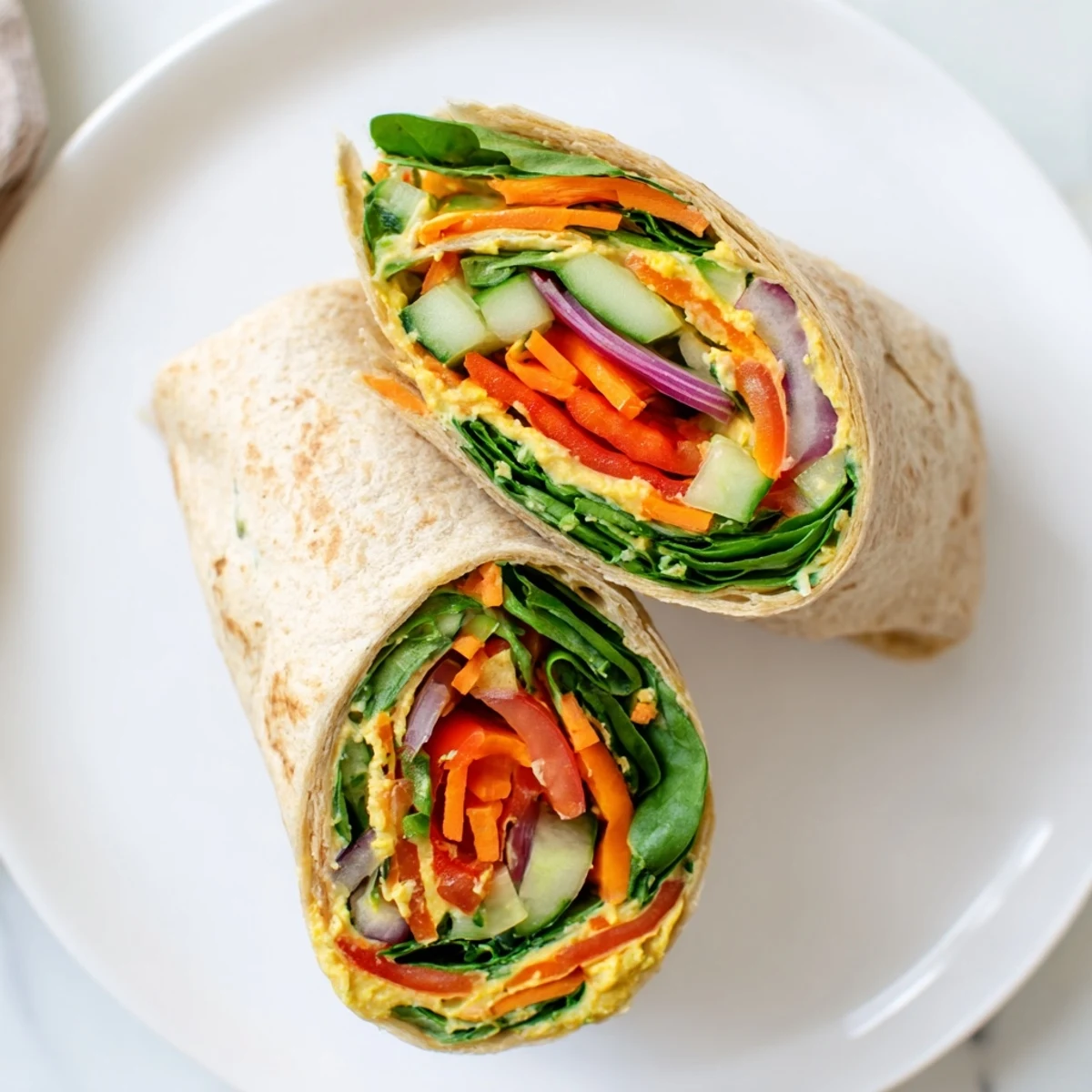 Golden hummus veggie wrap rolled with crisp cucumbers, peppers, and fresh spinach
