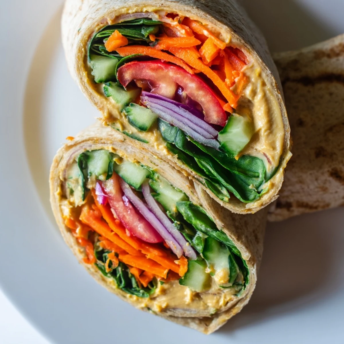 Whole wheat tortilla filled with creamy hummus and shredded carrots, tomatoes, onion
