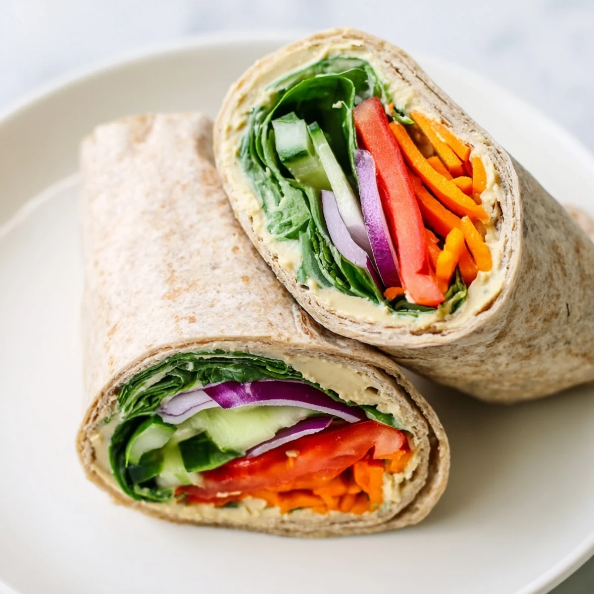 Mediterranean hummus veggie wrap sliced diagonally revealing colorful layered vegetables inside