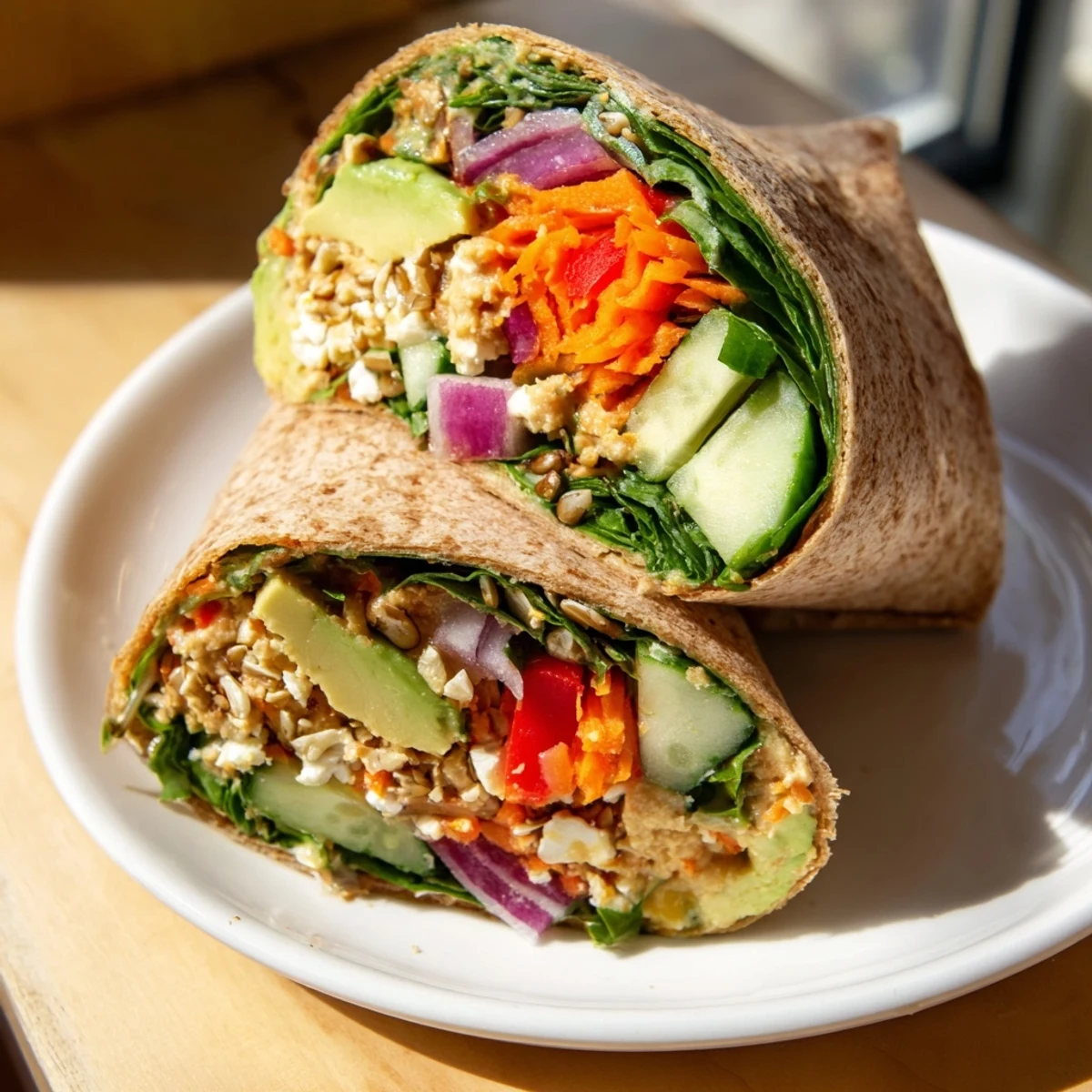 Golden whole wheat veggie wrap with hummus rolled around colorful sliced peppers cucumber carrots avocado and fresh greens for a satisfying Mediterranean lunch