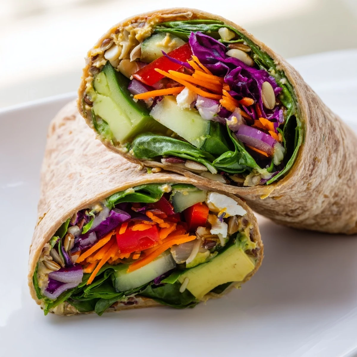 Cross-section of veggie wrap with hummus revealing layers of crisp red bell pepper shredded carrots spinach and creamy avocado inside a soft tortilla
