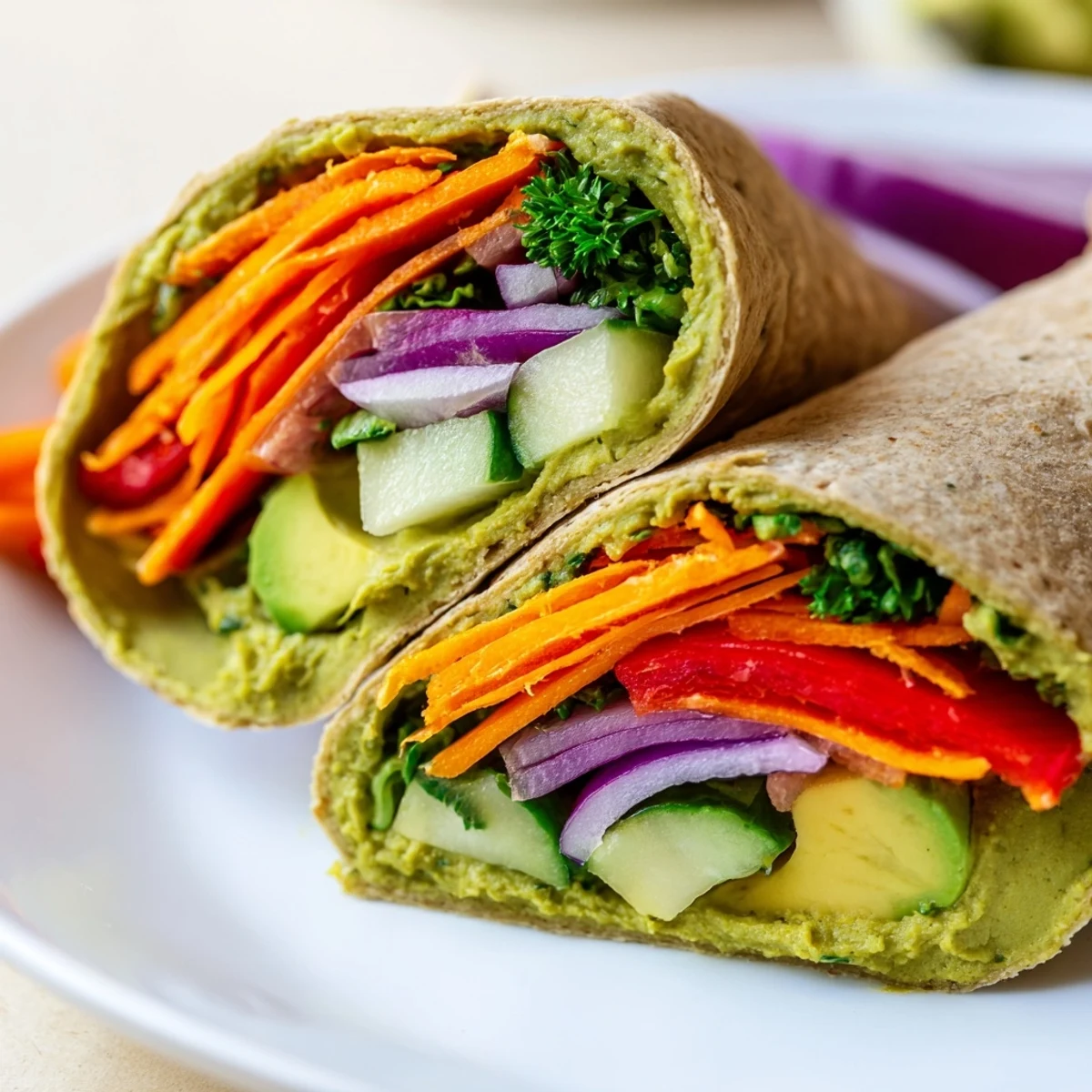 Mediterranean-style lunch wrap featuring creamy green spinach hummus layered with colorful bell peppers and carrots