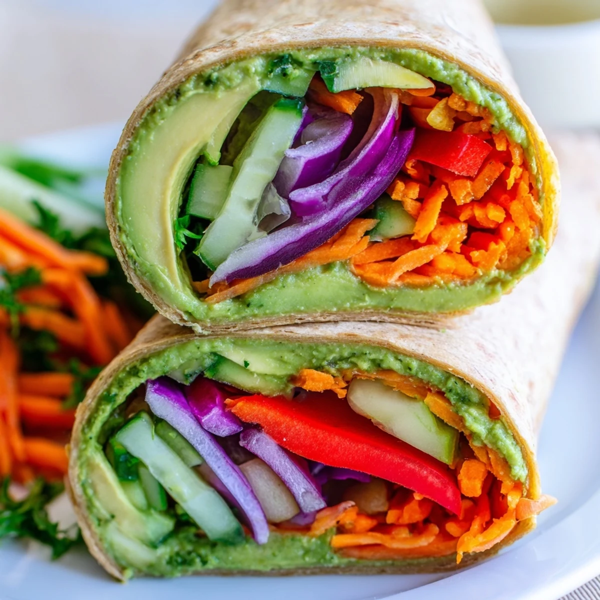 Rolled whole wheat tortilla packed with vibrant spinach hummus, crisp vegetables, and fresh avocado slices