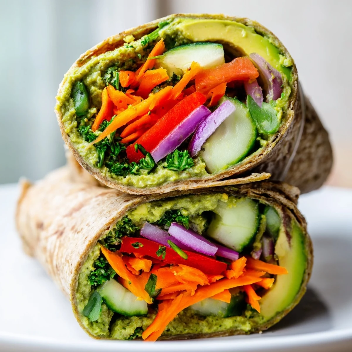 Vegetarian spinach hummus wraps stuffed with crunchy shredded carrots, sliced cucumber, and tender whole wheat tortilla