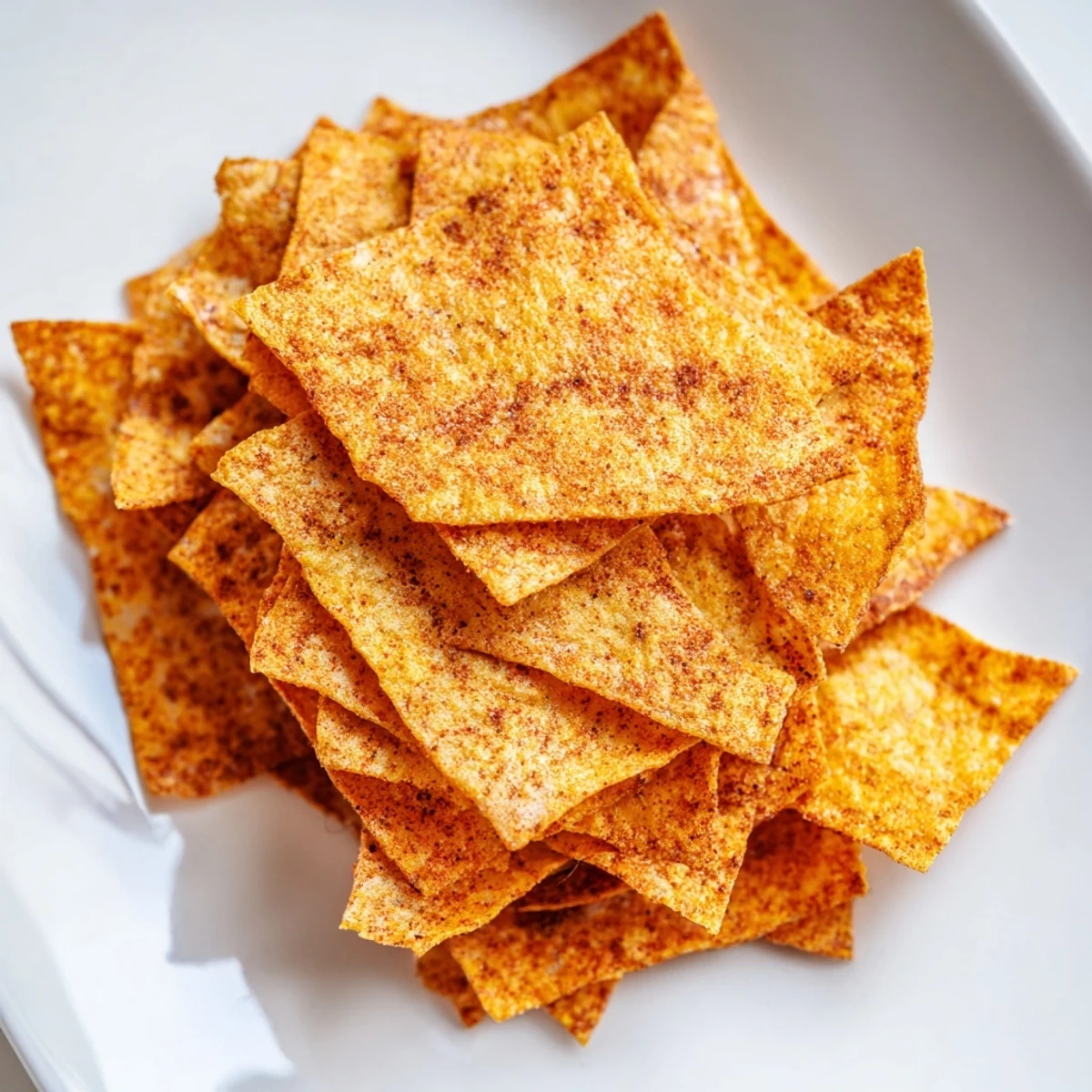 Vegan gluten-free chickpea chips stacked beside a bowl of creamy hummus for dipping
