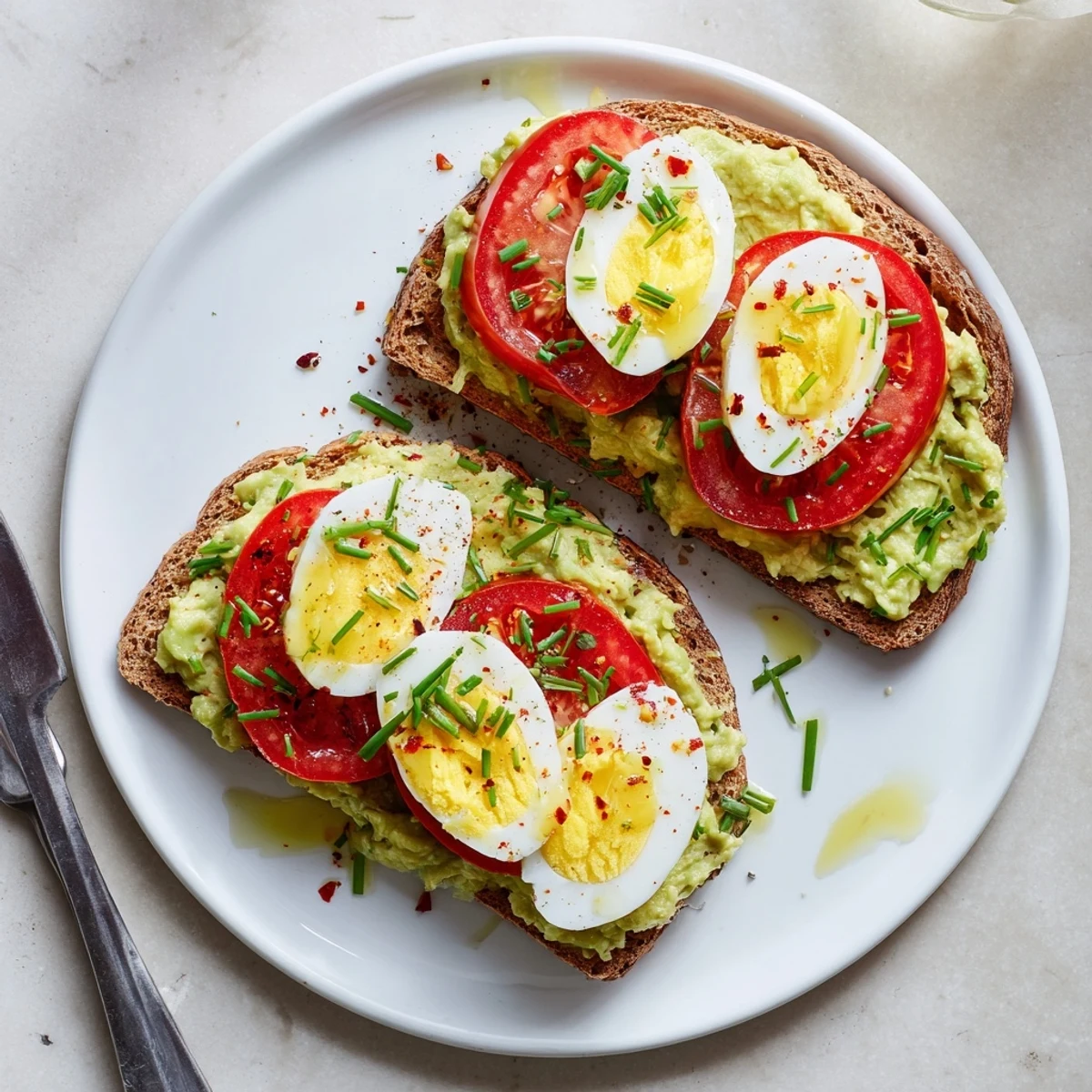 Golden toasted bread topped with creamy mashed avocado, sliced tomatoes, and hard-boiled egg