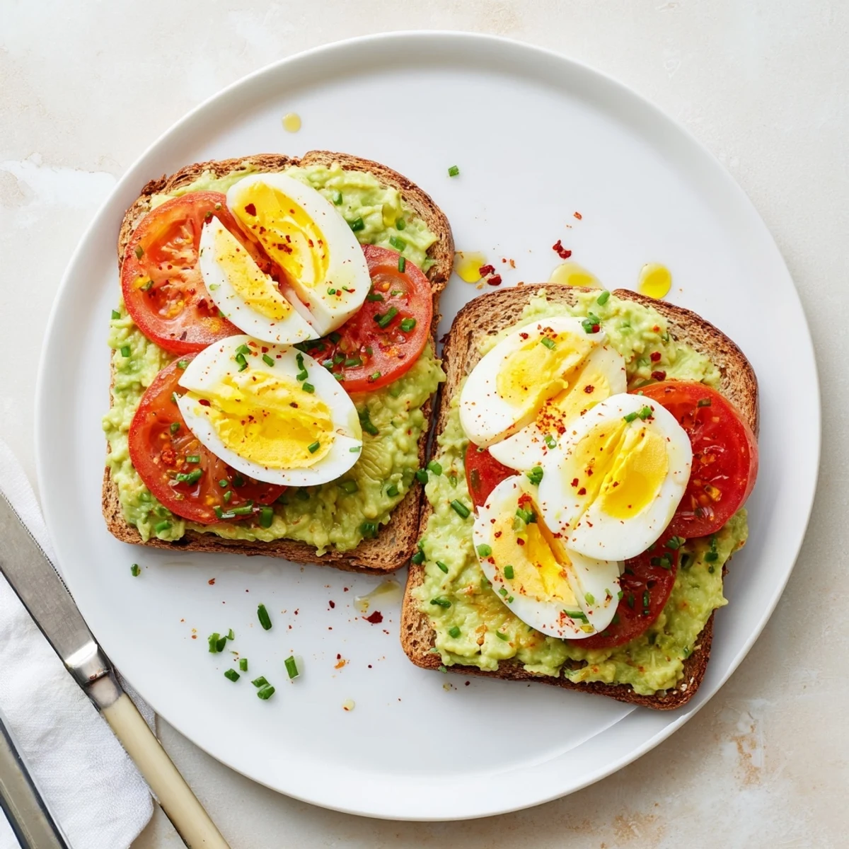 Vibrant avocado toast recipe featuring layered tomato slices and protein-rich hard-boiled egg on toast