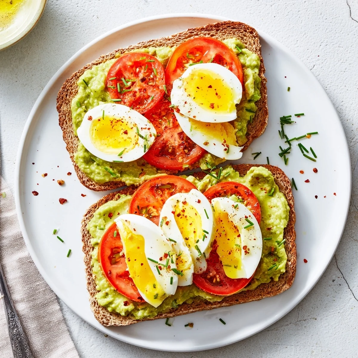 Open-faced sandwich with mashed avocado, fresh tomato, and sliced hard-boiled egg on toasted bread
