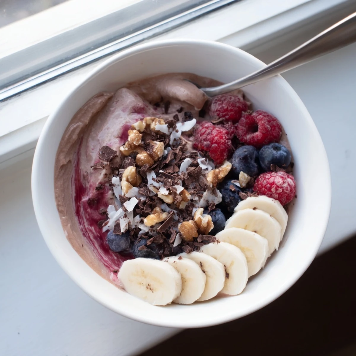 Smooth healthy nice cream recipe swirled with peanut butter and garnished with coconut flakes