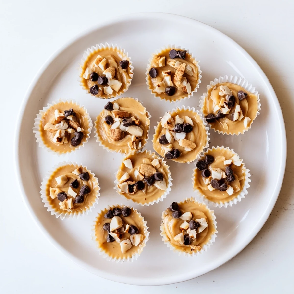 Creamy high protein peanut butter Greek yogurt bites arranged on a chilled white serving plate