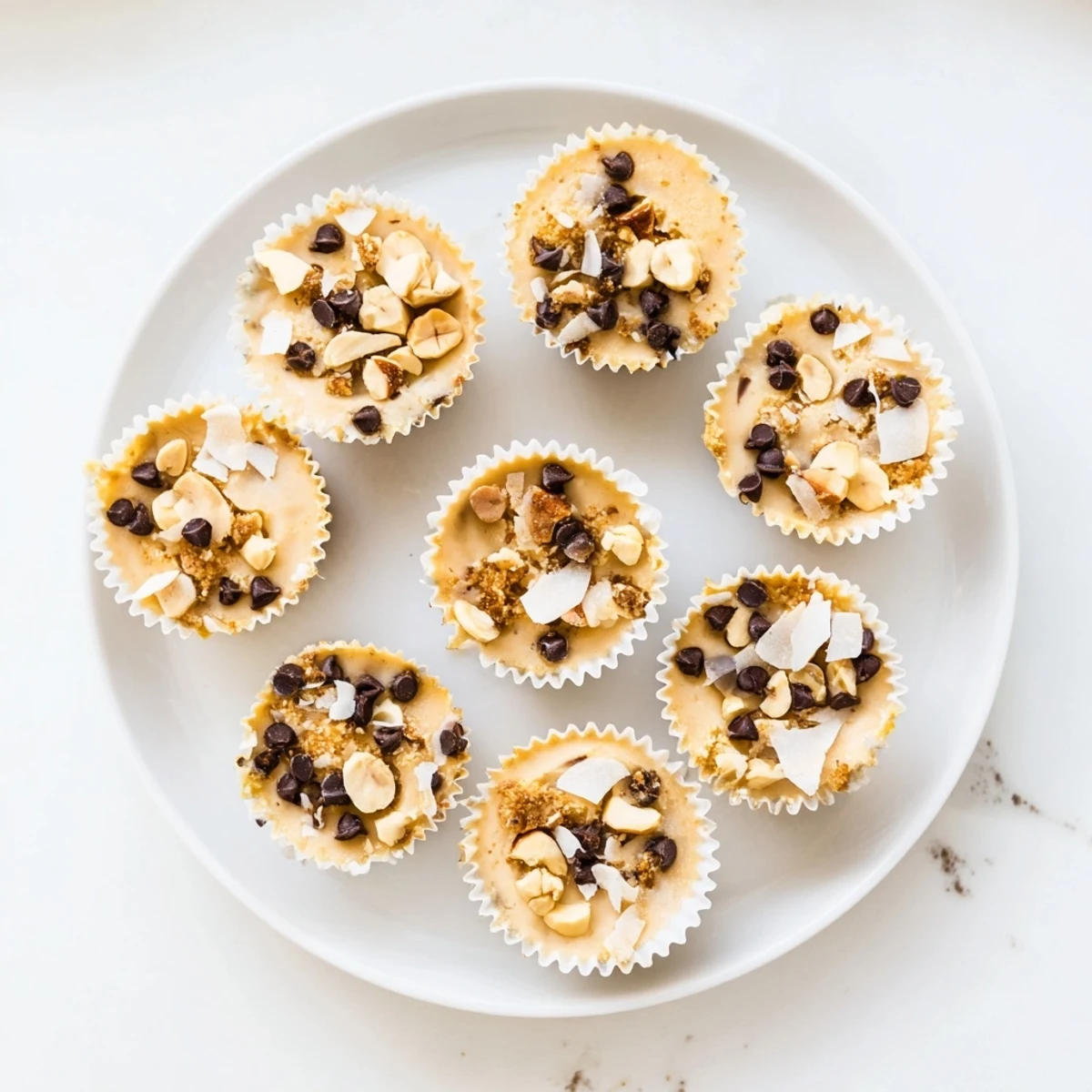 Protein-rich frozen peanut butter Greek yogurt bites sprinkled with coconut flakes and mini chocolate chips