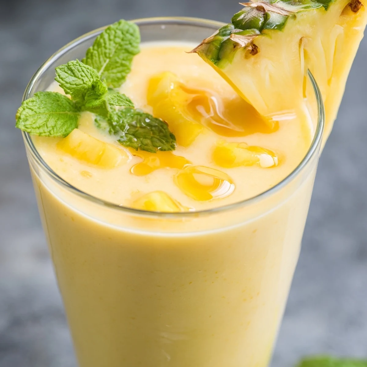 Golden Tropical Pineapple Mango Smoothie Recipe served in a tall glass with fresh fruit garnish
