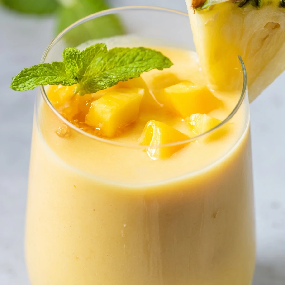 Creamy blended Tropical Pineapple Mango Smoothie Recipe with vibrant yellow-orange color and mint sprig