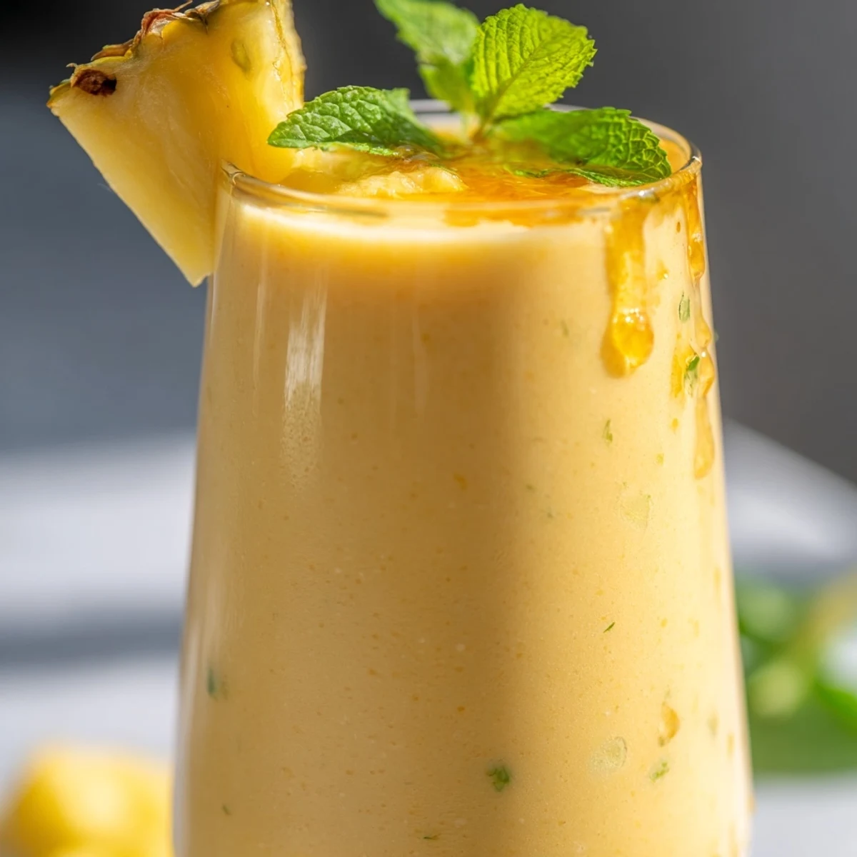 Thick refreshing Tropical Pineapple Mango Smoothie Recipe poured into glasses topped with pineapple wedge