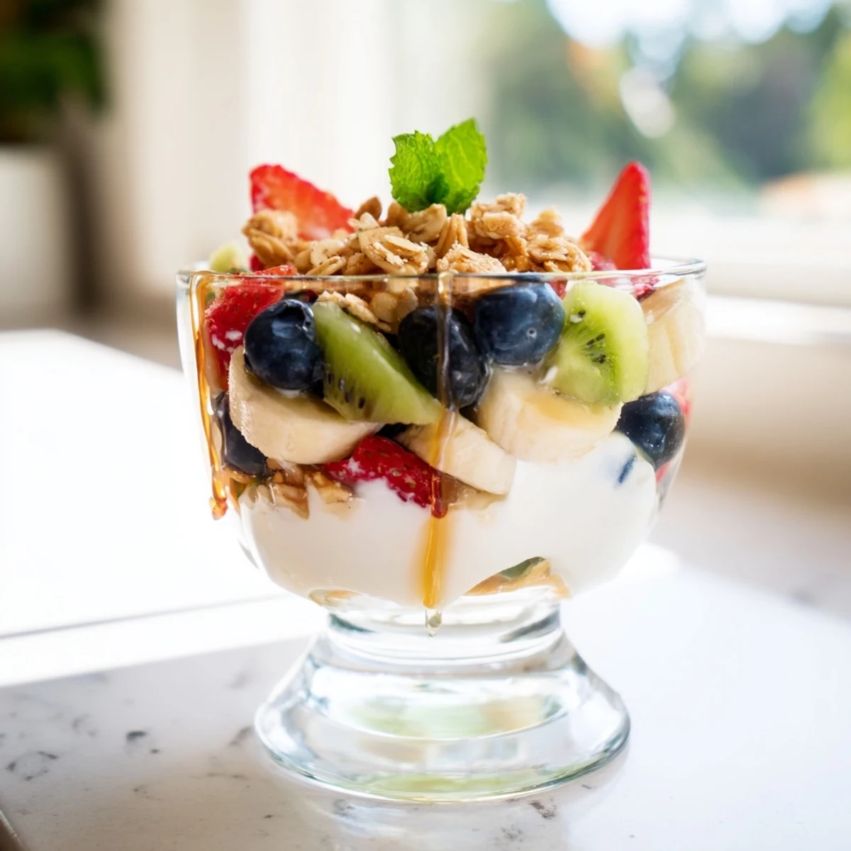 Colorful yogurt parfait recipe with honey and fresh fruits layered in clear glass bowls
