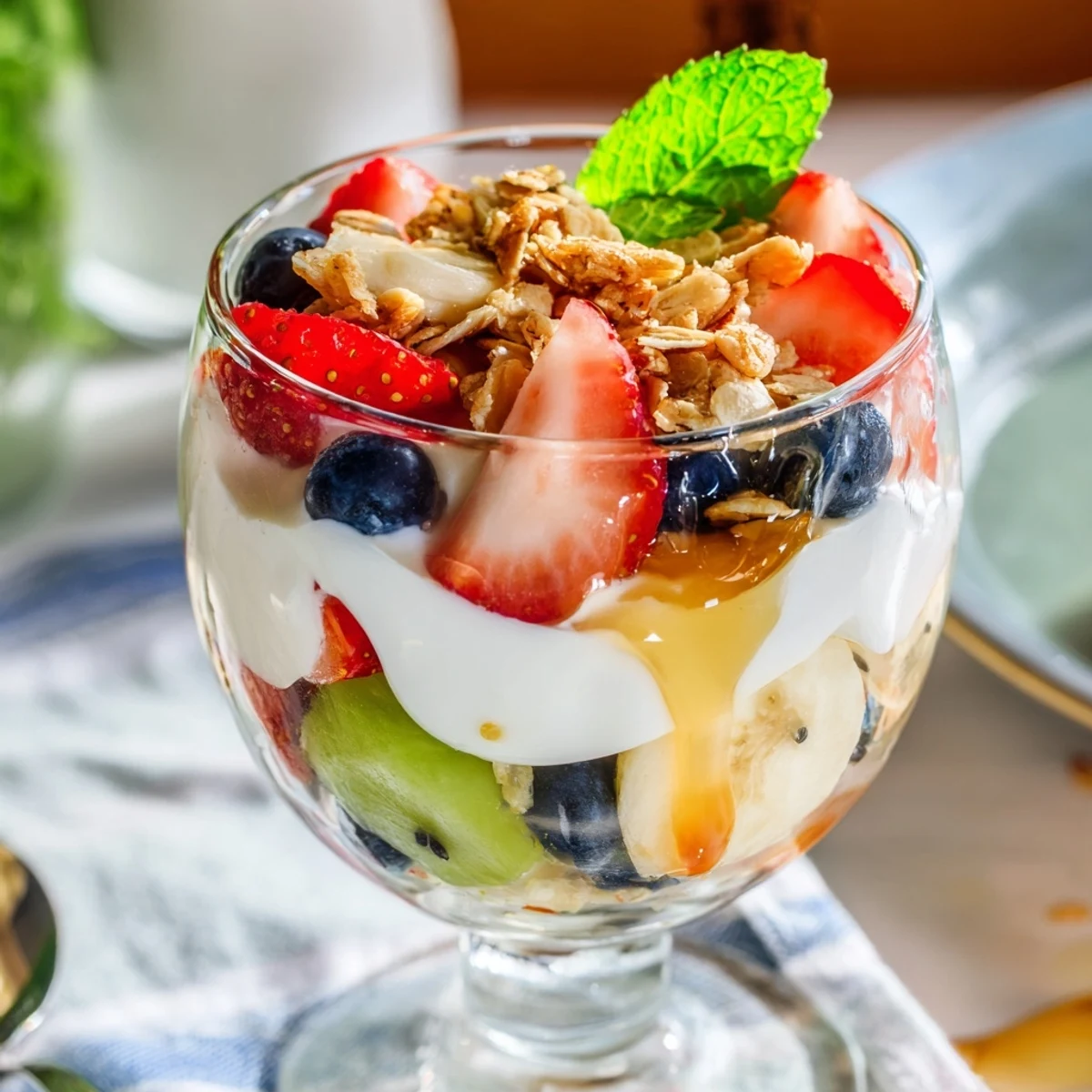 Creamy Greek yogurt parfait recipe topped with sweet honey drizzle and mixed berries