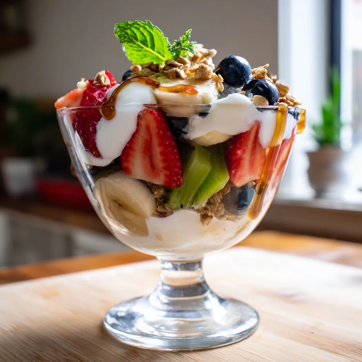 Healthy yogurt parfait recipe with honey featuring strawberries, blueberries, kiwi, and crunchy granola