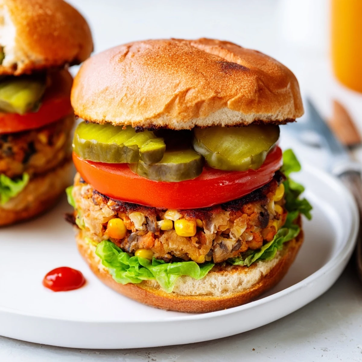 Golden brown veggie burgers recipe stacked on toasted buns with fresh lettuce and ripe tomato slices